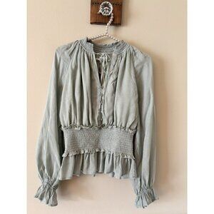 NWT In Loom Womens Size M Green Long Sleeve Blouse Ruffle Trim Boho